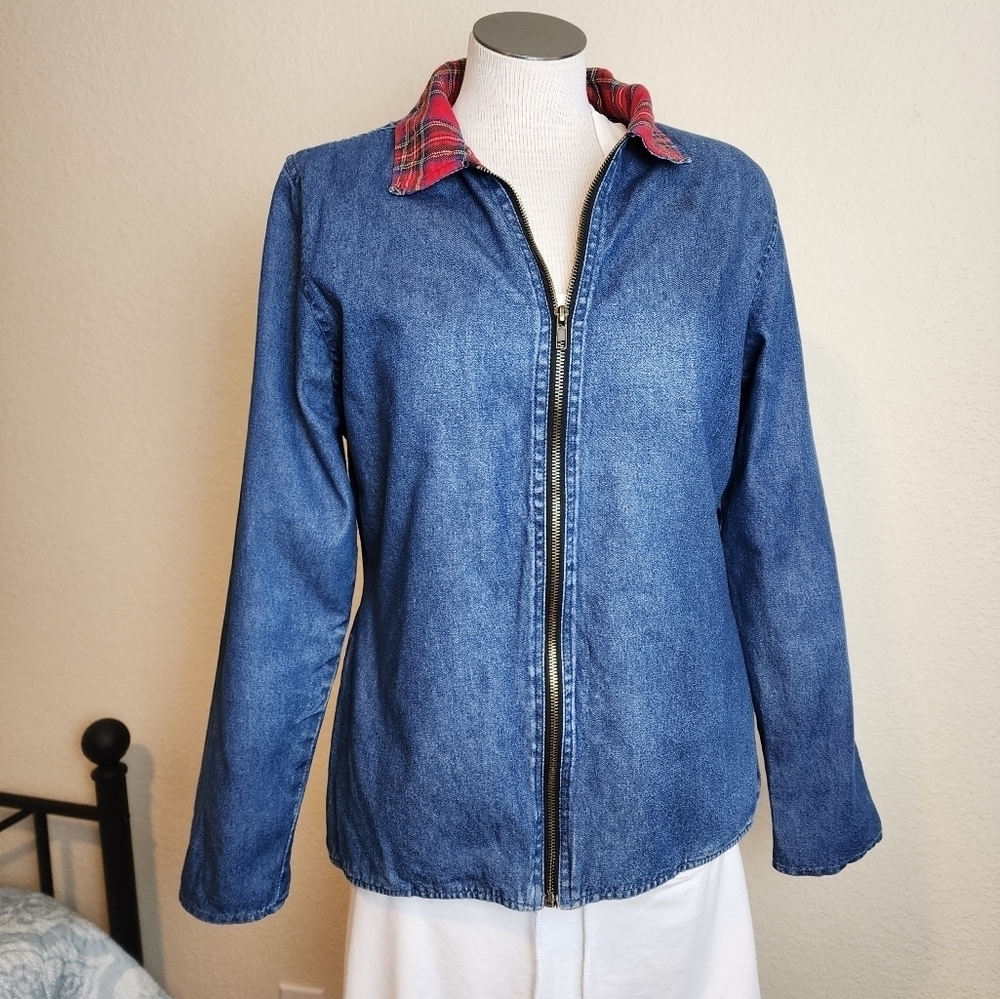 Jane Ashley Vintage Mid Wash Denim Buffalo Plaid Lined Zip Women's Jacket Size S